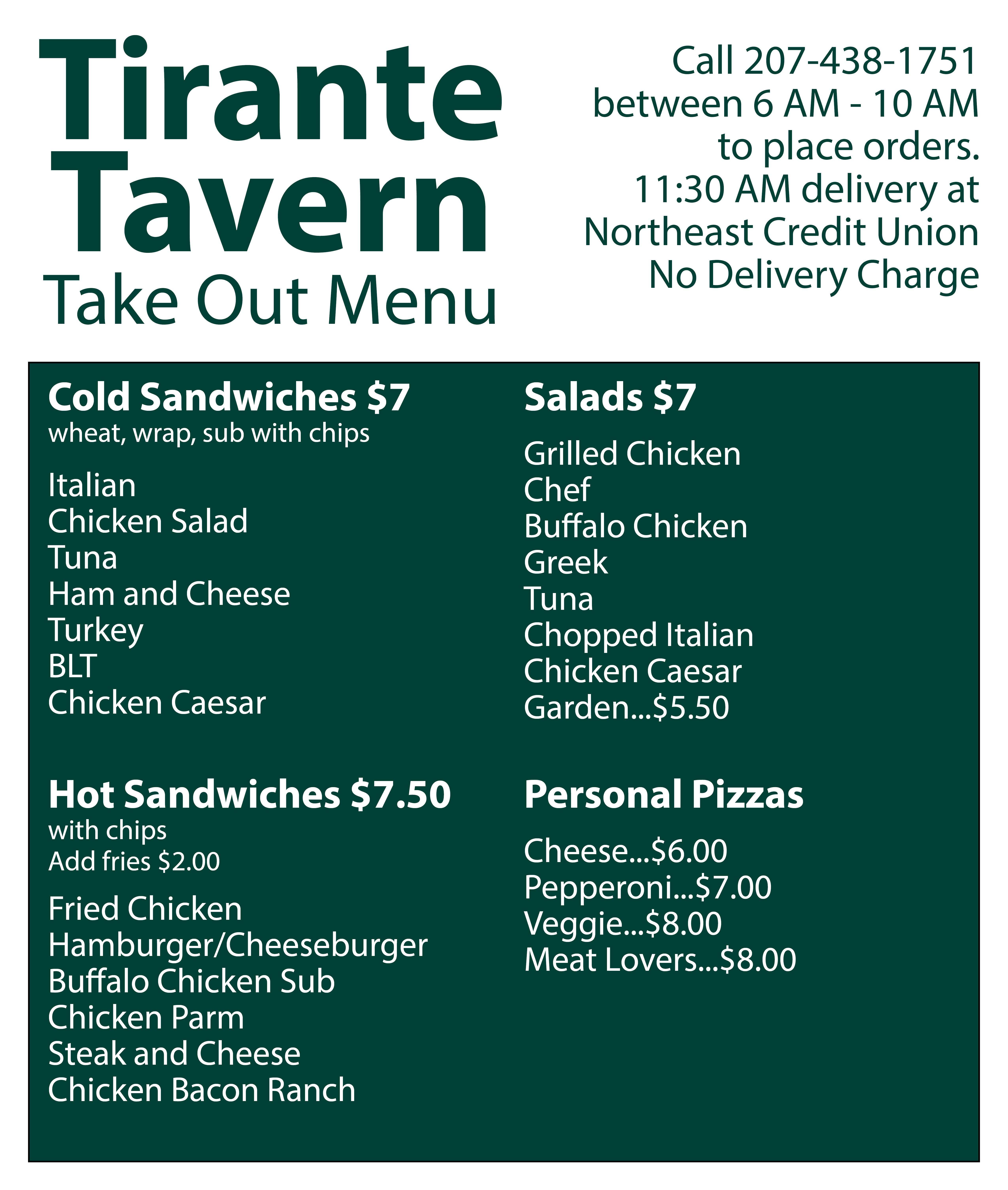 Tirante Tavern Take Out Menu Prices